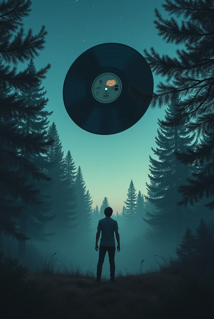 A night with pine trees and a flying vinyl record abducting a person