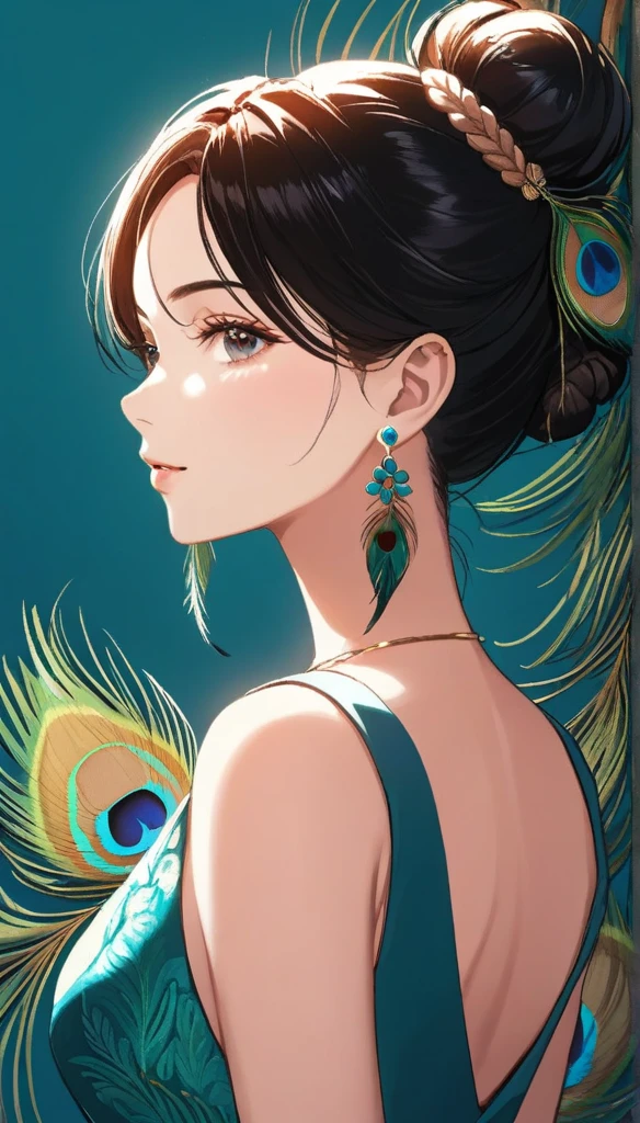 (1woman, mature, hair braid bun ,mini top, long peacock feather earrings , detailed alluring