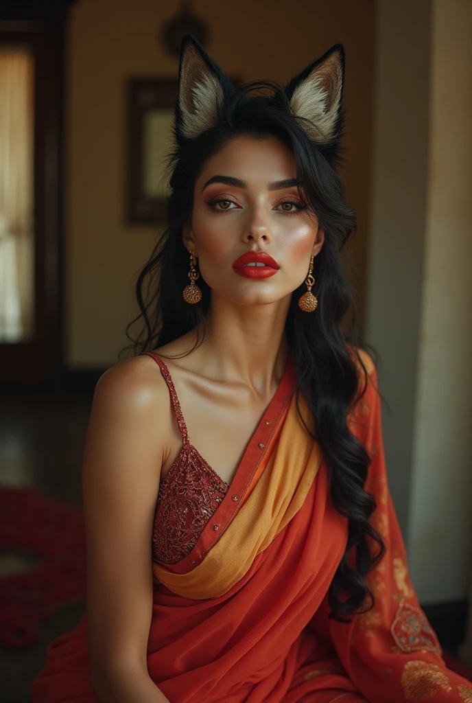 wolf cut hairstyle, realistic wolf ears, erotic Turkish model, super big fake lips, red lipstick, curvy body, sari, visible bra, full body view, shot on film, 4K, sexy look