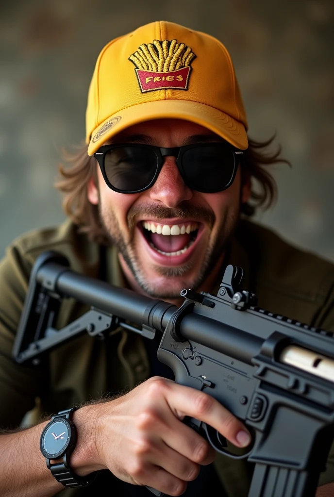 A FRIES CAP, SMILING, WITH AK 47, WITH BLACK GLASSES, EXCITED
