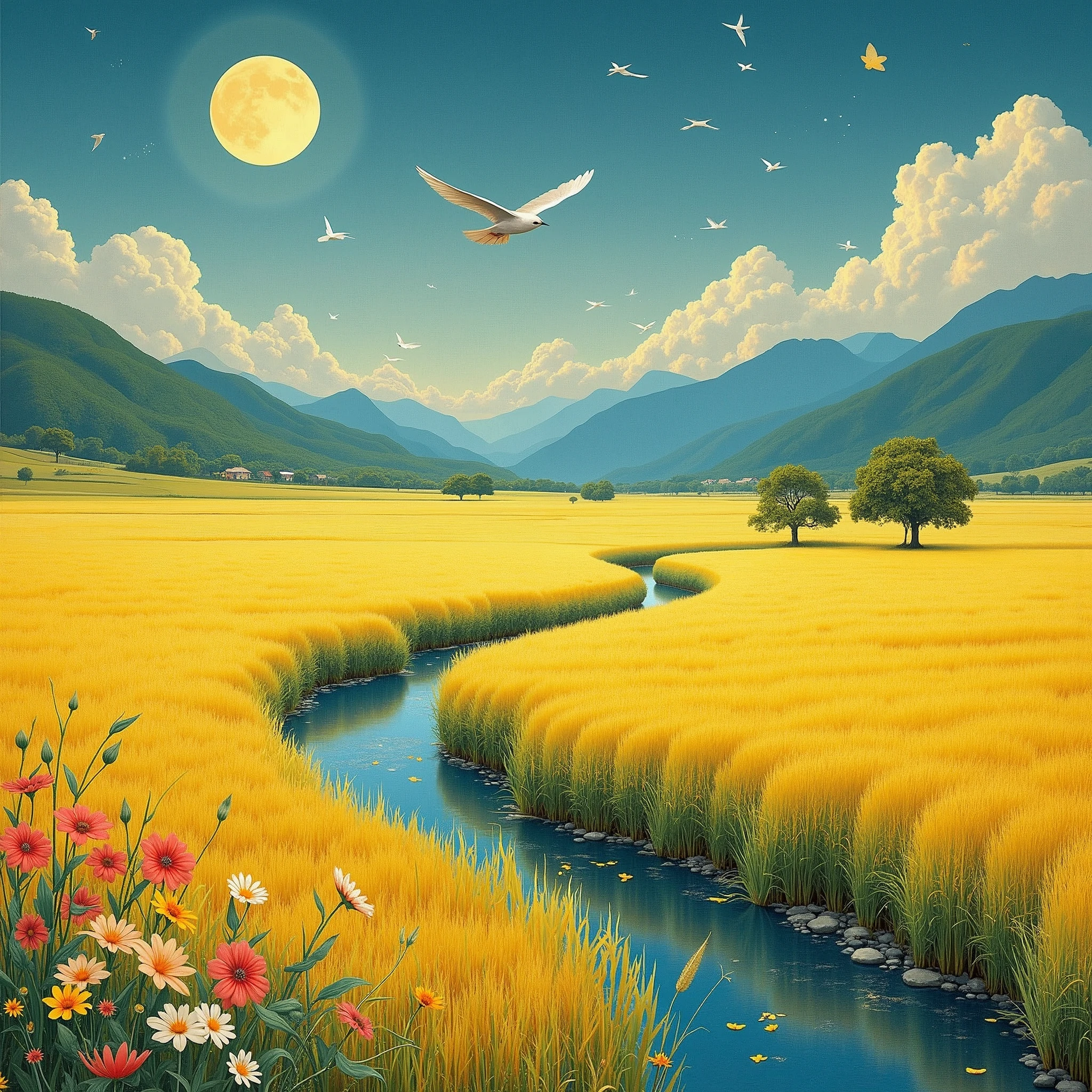 Canvas Illustration，Etienne Adolphe Piaud, Etienne Adolphe Piot，English Pre-Raphaelite painter，Pre-Raphaelite Brotherhood, ink style, masterpiece, fantasy garden，Aesthetic healing，moon，star，Beautiful and poetic，Minimalism Flat Illustration，Jiangnan countryside in summer，When you walk into this rice field，It&#39;s like being in a surreal dream。What unfolds before your eyes is a vast rice field，Golden rice swaying in the wind，The sun shines on it，Let the whole rice field shine with warm light。Rows of colorful wildflowers grow at the edge of a rice field，They sway gently in the breeze，Like dancing gracefully。Standing on the edge of a rice field，You can see flocks of birds singing happily in the wheat fields.，Their chirping blends in with the melodious sound of the wind in the rice fields.，It forms a wonderful natural symphony。Occasionally a bird flies up，Cut through the sky，Leaving beautiful curves，It seems to depict an unparalleled picture of the sky.。There is a clear stream flowing through the rice fields.，the river is crystal clear，Reflecting the blue sky, white clouds and surrounding scenery，Like a living mirror。The river flows slowly，Makes the water sound sweet，It&#39;s like nature composed a beautiful music for them.，Dynamic，Hazy feeling，Layering，Has a stunning visual effect，Fascinating lighting，Bright and vivid colors，clair obscur，Flat，Minimalism，high quality，High Detail，HD，masterpiece，masterpiece，The painting style is meticulous，Refreshing colors，HD，in the style of Pre-Raphaelite Brotherhood