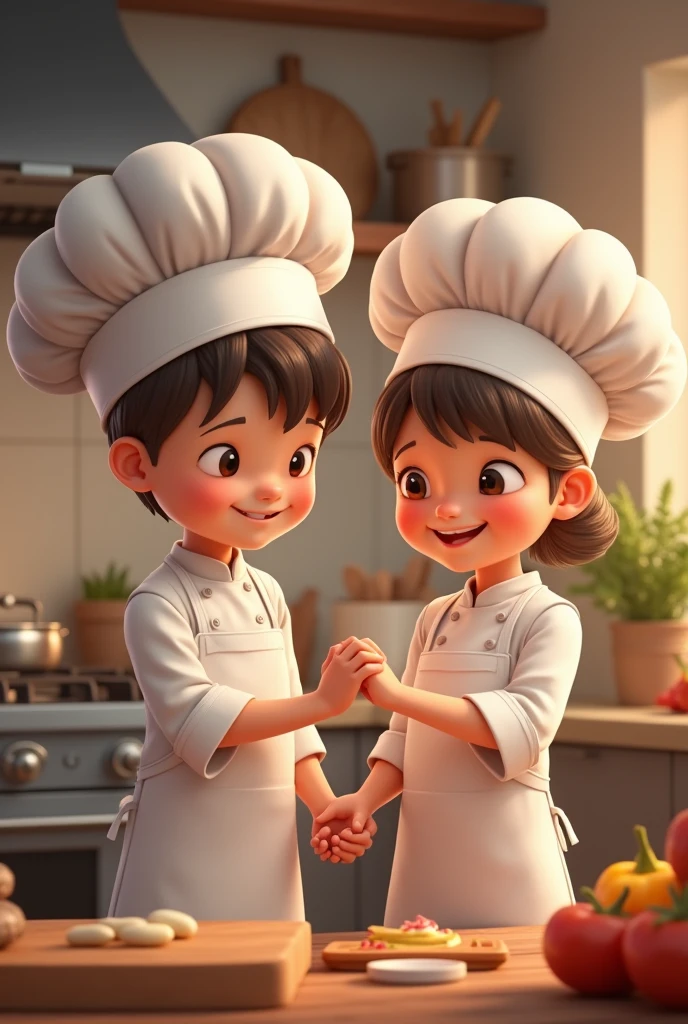A boy and girl chef standing together hand tied