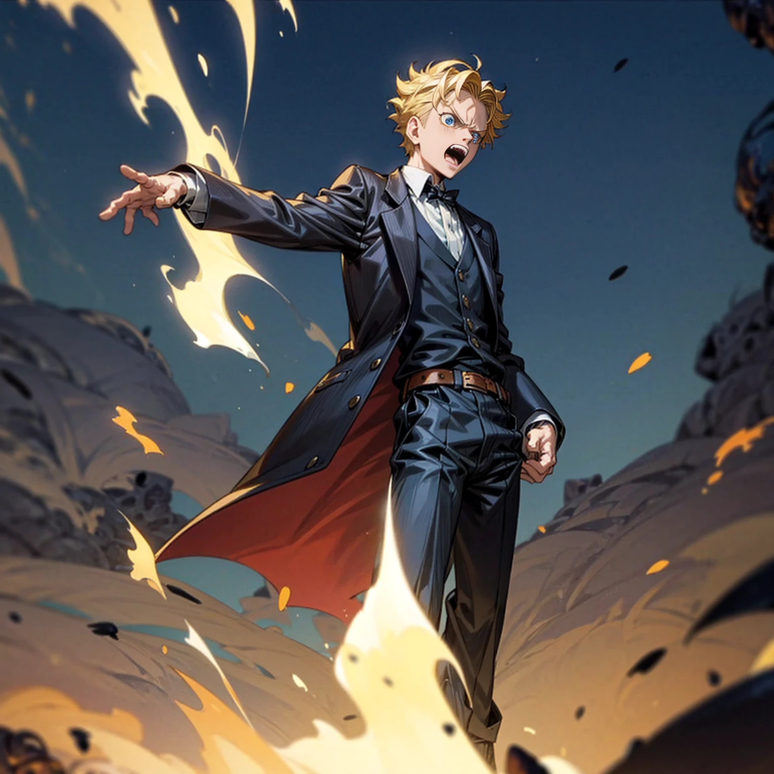 Solo character, full body version, young man, blue eyes, blonde color hair, curly hair, undercut hair, formal suit outfit, black pants, boots, belt, outdoor, field, evening, Moonlight, detailed background, detailed clothing, detailed hair, angry eyes, open mouth, (one piece style art, his face looks like Luffy), standing gesture, Fire effect, lighting effect, plasma, blood, glow effect on hand
