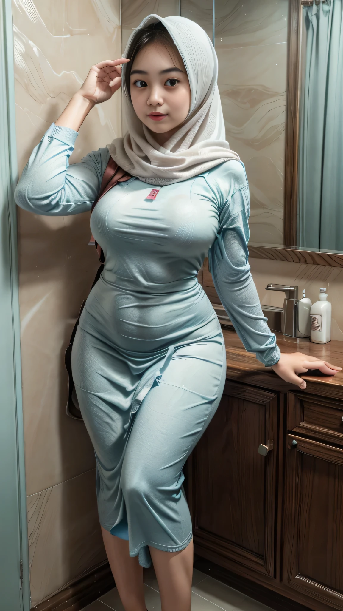 RAW, Best quality, high resolution, work: 1.3), Beautiful Indonesian girl wear hijab, indonesian hijab woman,Highly detailed CG Unity 8k wallpaper, top quality, super detailed, masterpiece, realistic, photorealistic, highly detailed cute girl, 20 years old, full body shot, potrait, bathroom detailed,sweaty skin, blush, parted lips, round eyes , ((erect, emerge, streak)), (( tight thighs, protruding buttock)), (the contour of the legs clearly visible ), cute face detailed, Standing in bathroom, seductive, erotic, fat arms, (( wearing Oversized long sleeve white T-shirt )), ((wearing turqoise knit maxi dress)), erotic, looking seductively, soft smile, plump body, body lighting, looking at camera, long shirt,  front view, the contour of upper body clearly visible, cameltoe, front view