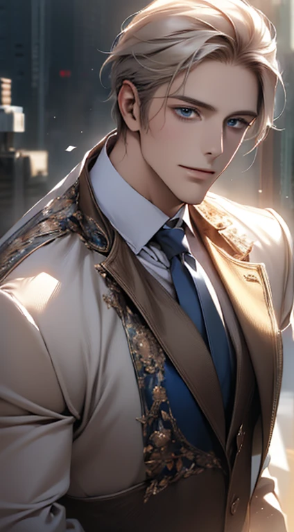 (best quality,4k,8k,highres,masterpiece:1.2),ultra-detailed,(realistic,photorealistic,photo-realistic:1.37),1 man,31 years old,mature man,very handsome,without expression,smile,short grey golden hair,blue eyes,penetrating gaze,perfect face without errors,imposing posture,businessman,office background,cinematic lighting,hdr image