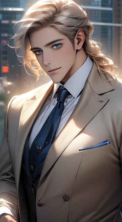 (best quality,4k,8k,highres,masterpiece:1.2),ultra-detailed,(realistic,photorealistic,photo-realistic:1.37),1 man,31 years old,mature man,very handsome,without expression,smile,short grey golden hair,blue eyes,penetrating gaze,perfect face without errors,imposing posture,businessman,office background,cinematic lighting,hdr image