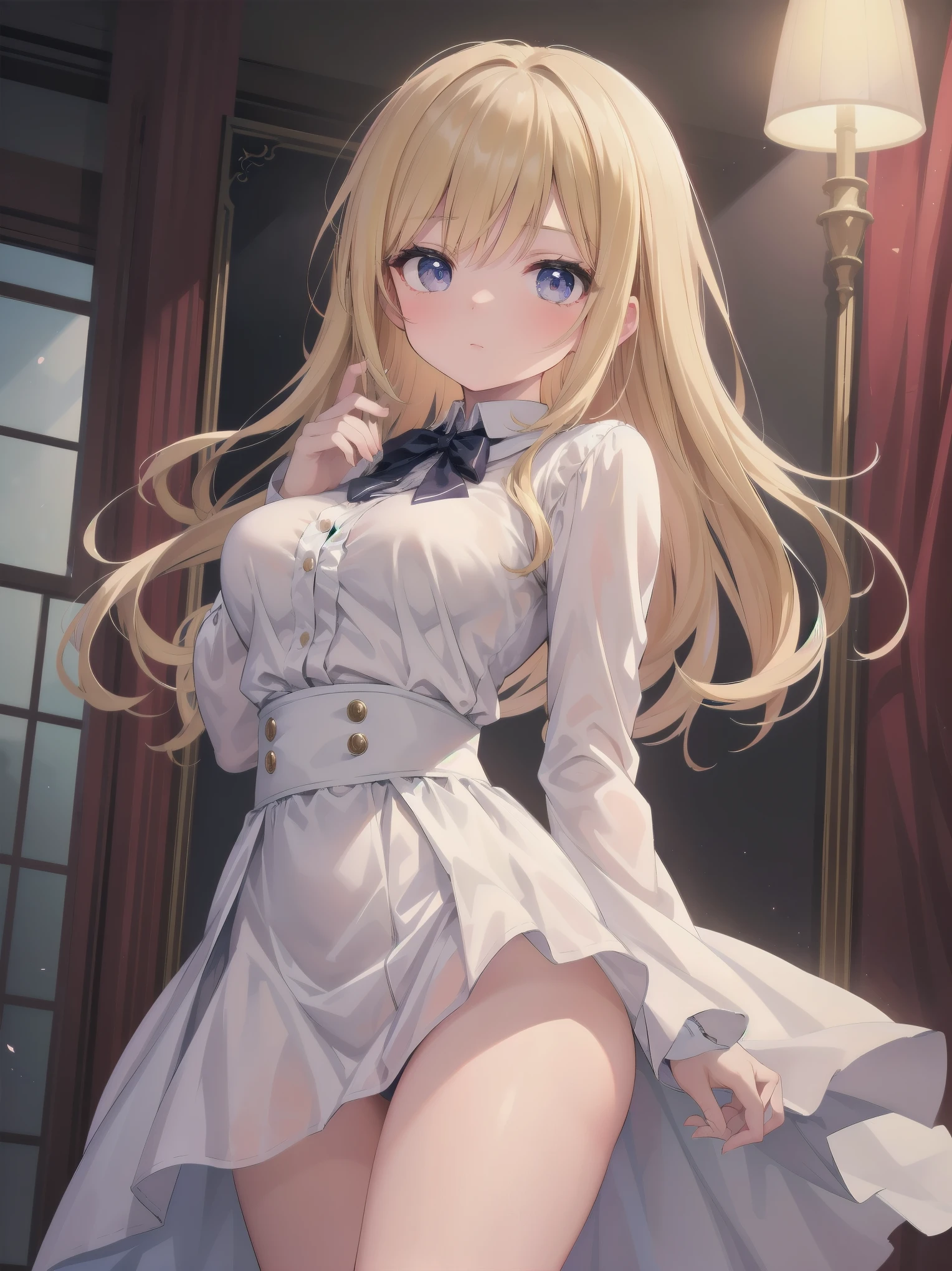 (Masterpiece), Detail, Delicacy, Portrait, Marquise in dainty pose, Solo, One beautiful girl, Diverse lighting, Beautiful girl, Large breasts, Small buttocks, Slim waist, (Feminine fashion: blouse of soft material or skirt with flared silhouette), Dainty behavior, Graceful, Chaste Behavior, Cowboy shot