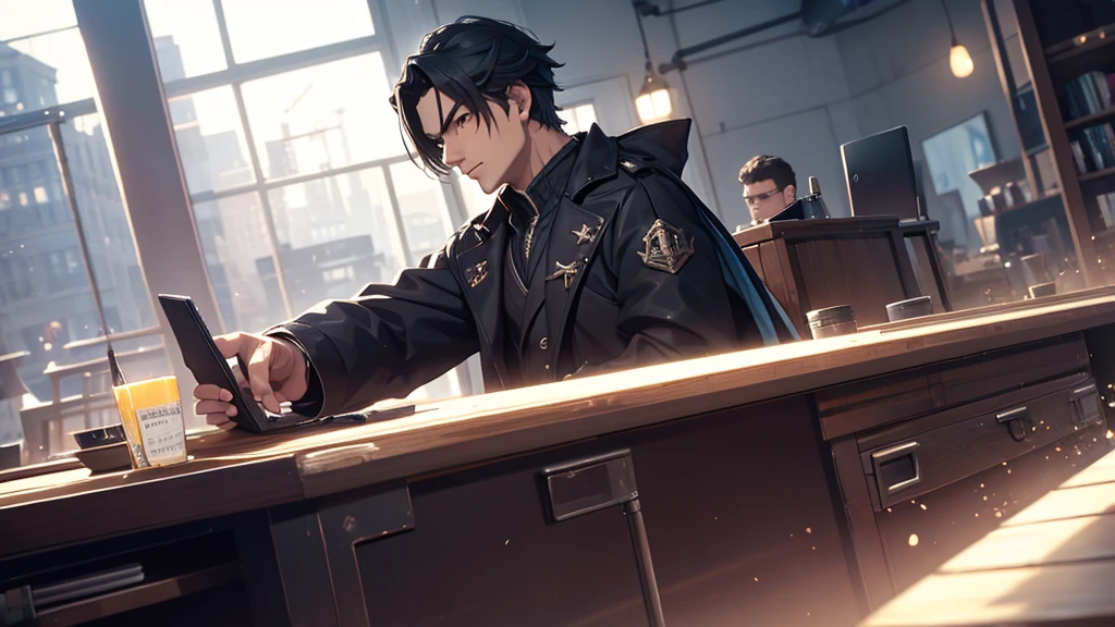 Man in an overcoat working on a technological table. He should look like the character Alerchinno from Genshin Impact.