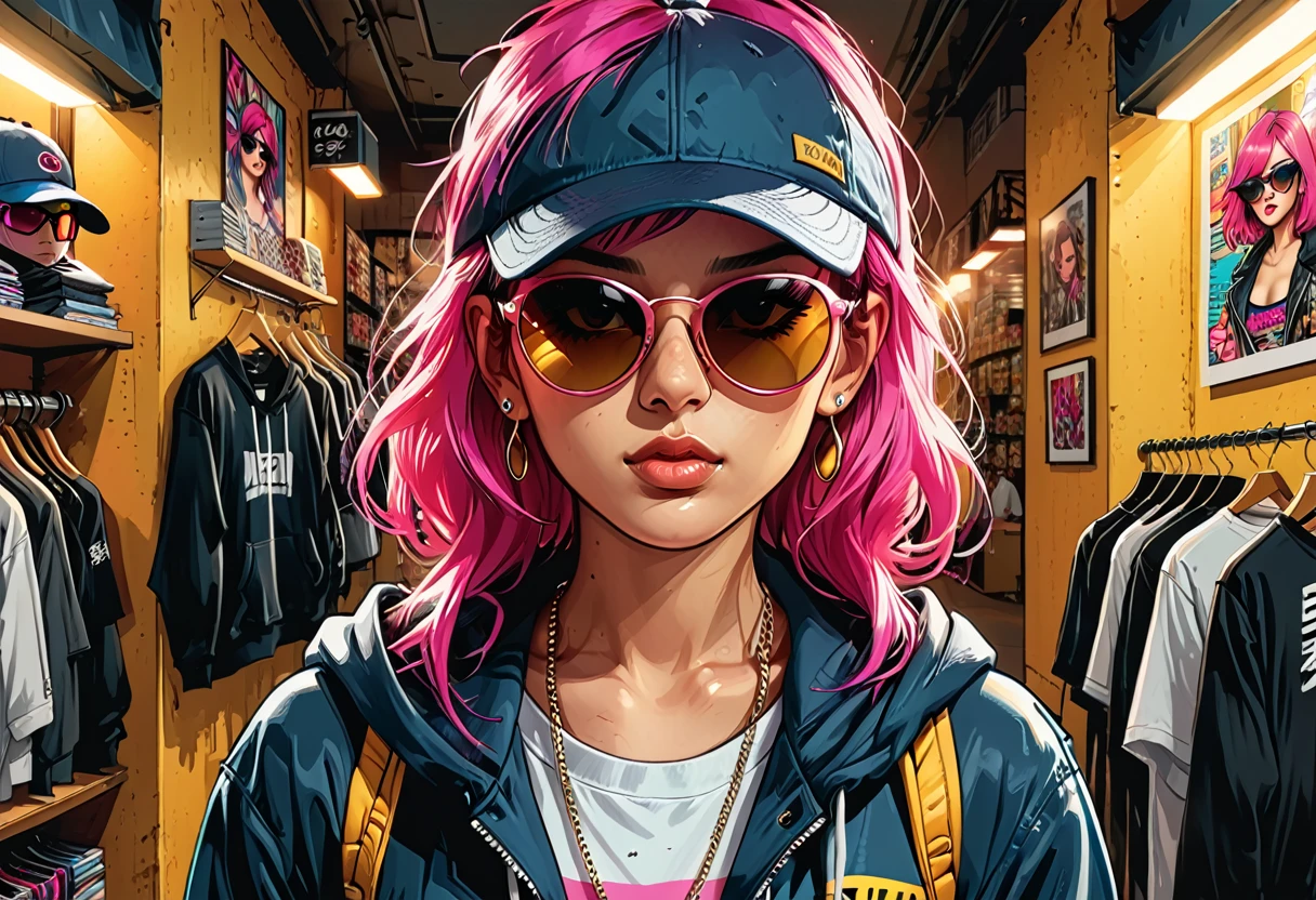 
Portrait of a girl with pink hair, piercings and sunglasses of Asian appearance against the background of a clothing store, hoodie, T-shirt, cap,graphic style of novel comics, 2d, 8k, hyperrealism, masterpiece, high resolution, best quality, ultra-detailed, super realistic, Hyperrealistic art, high-quality, ultra high res, highest detailed, lot of details, Extremely high-resolution details, incredibly lifelike, colourful, soft cinematic light,