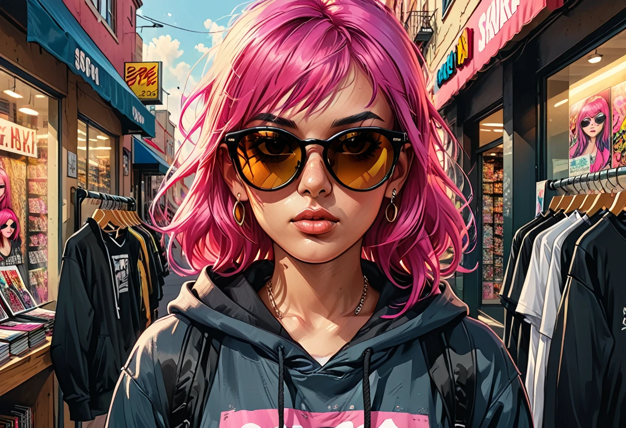 Portrait of a girl with pink hair, piercings and sunglasses of Asian appearance against the background of a clothing store, hoodie, T-shirt, cap,graphic style of novel comics, 2d, 8k, hyperrealism, masterpiece, high resolution, best quality, ultra-detailed, super realistic, Hyperrealistic art, high-quality, ultra high res, highest detailed, lot of details, Extremely high-resolution details, incredibly lifelike, colourful, soft cinematic light,