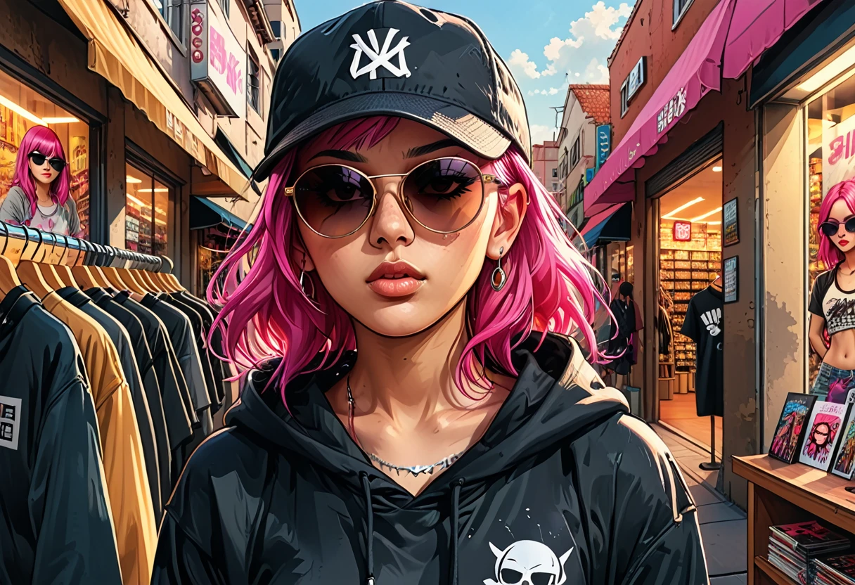 
Portrait of a girl with pink hair, piercings and sunglasses of Asian appearance against the background of a clothing store, hoodie, T-shirt, cap,graphic style of novel comics, 2d, 8k, hyperrealism, masterpiece, high resolution, best quality, ultra-detailed, super realistic, Hyperrealistic art, high-quality, ultra high res, highest detailed, lot of details, Extremely high-resolution details, incredibly lifelike, colourful, soft cinematic light,