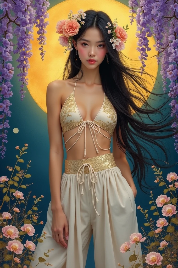 (photorealistic :1.2), abstract light and shiny, gold and ink painting, full body view, long flowering hair adorned with flowers, Chinese beauty, halter top, large oversized linen pant, Chinese kintsugi patterns, minimalist, under the wisteria flowers as nightgold  painting background, gold kintsugi and splash effects, realistic textures.