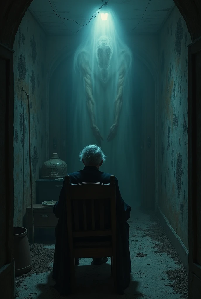 (night), sexy beauty, ruin, ghost, psychic photo, old man in a chair, complex horror background, intricate detail, art, close-up, painting, detail, cartoon, movie shot, fantasy, low saturation, vignette, [HDR], dark, dark, creepy, monotone, scary, dark, dark, swarming evil spirits,