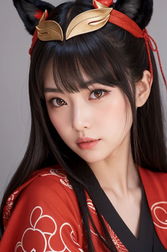 Ultra-realistic capture, Highly detailed, High resolution 16k close-up of human skin. Skin texture must be natural, With such detail that pores can be finely identified, Skin should look healthy, In a uniform tone, Use natural light and color, photo realistic, Full Body Shot, full body, girl wearing a black and red costume holding a japaneese fox mask, with kitsune mask, wearing a japaneese kitsune mask, japaneese fox mask on head, kitsune mask, japaneese, anime cosplay, kitsune, yukata clothing a beautiful