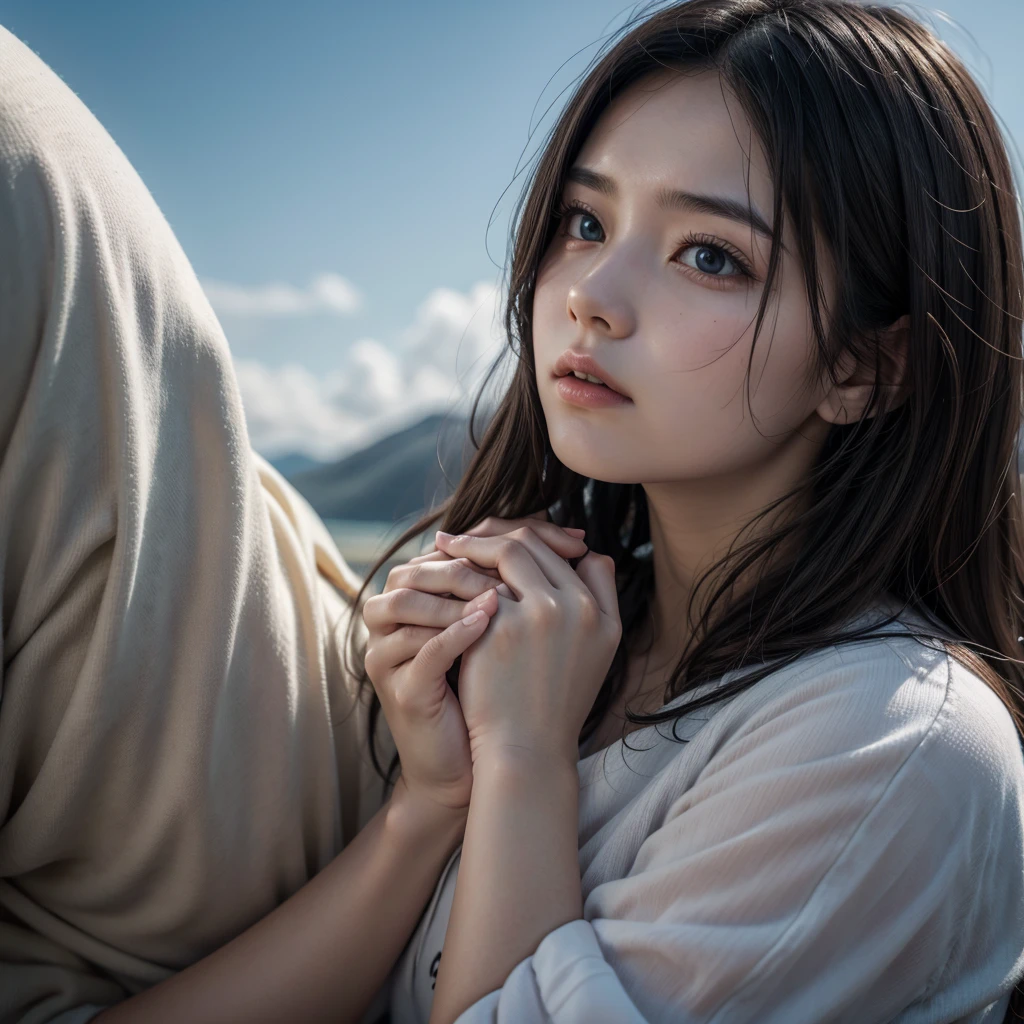 A woman between 18 and 20 years old with her hands clasped in prayer, her eyes looking towards the sky, and another realistic cinematic shot.