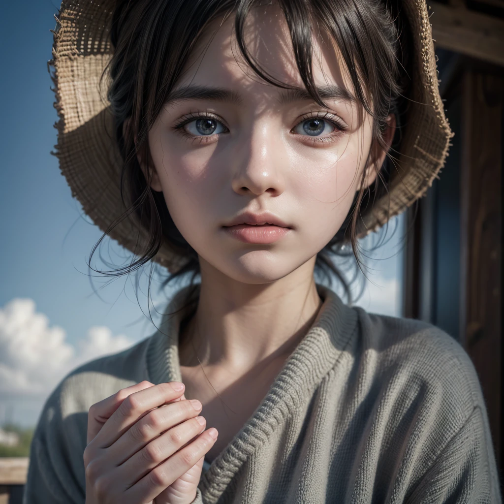 A woman between 18 and 20 years old with her hands clasped in prayer, her eyes looking towards the sky, and another realistic cinematic shot.