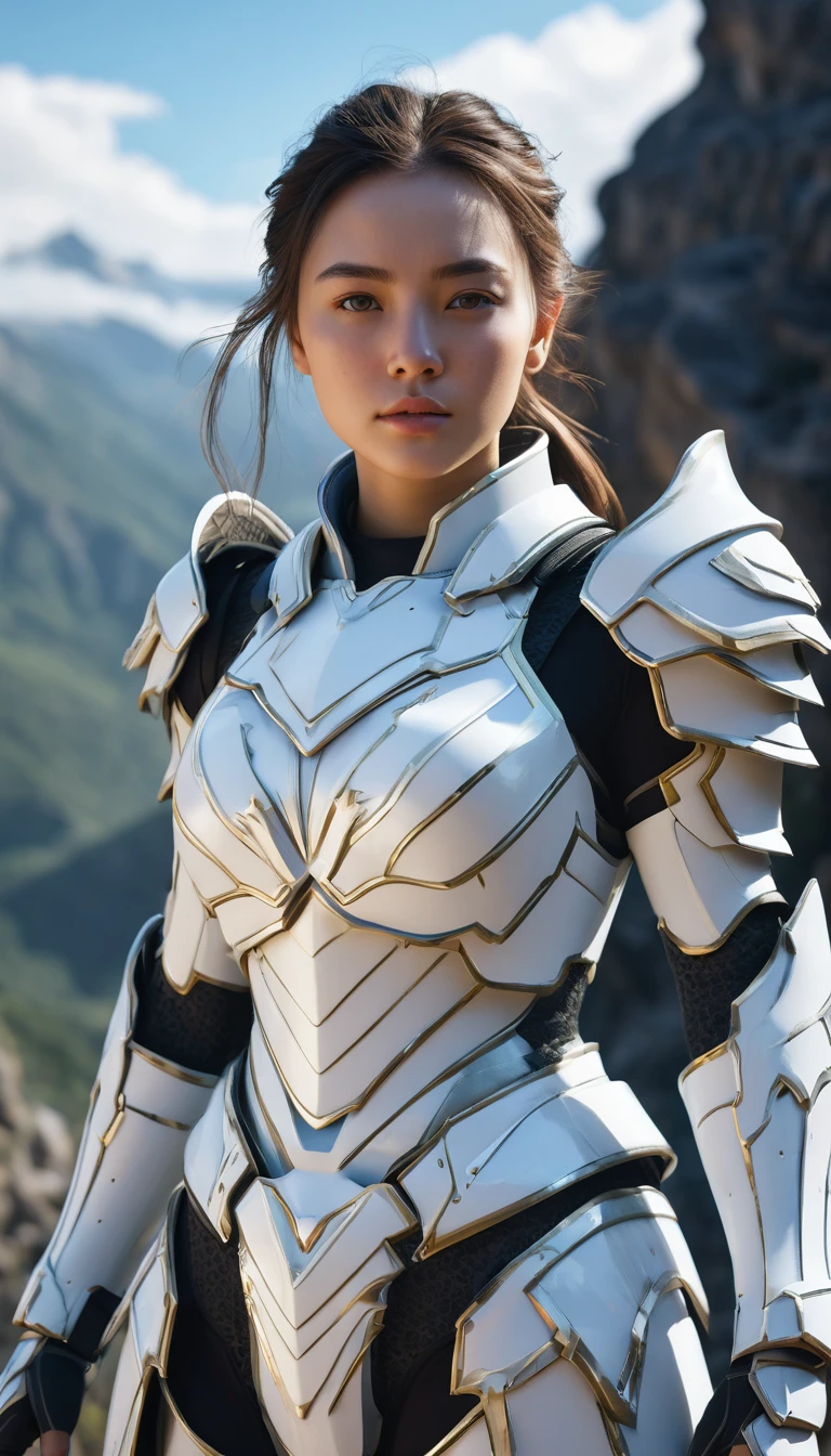 mountain, hxarmour,1girl,(white armour:1.3),, ultra-detailed,extremely delicate and beautiful,(by exquisite colors block),masterpiece,best quality,unreal engine 5 rendering,movie light,movie lens,movie special effects,detailed details,HDR,UHD,8K,CG wallpaper,