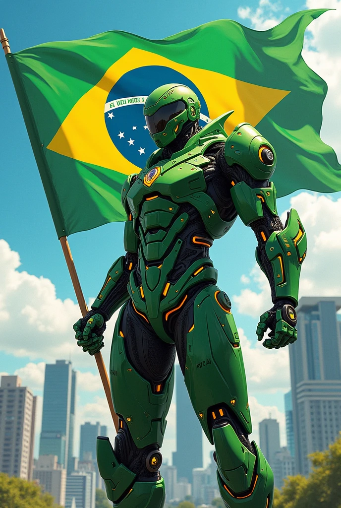 naughty man, hero with technology armor the color of anime.brazil,cybernetics, green samurai, Brazilian Hero, with yellow details, segurando bandeira do brazil. アニメ