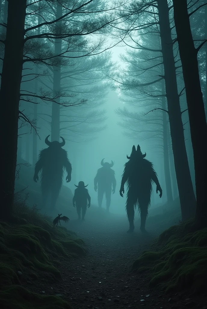 several shadows of creatures appearing in the dense forest