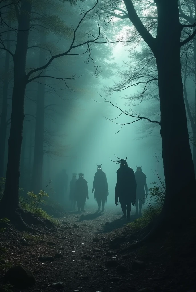 several shadows of creatures appearing in the dense forest