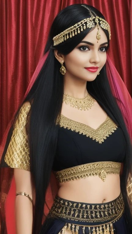 ,indian women,sexy ,detailed eyes,detailed lips,long black hair,golden jewelry,flowing fabrics,navel,sexy top wear,vibrant colors,ornate headpiece,ornamental hilt,confident expression,graceful pose,beautiful backdrop,warrior princess