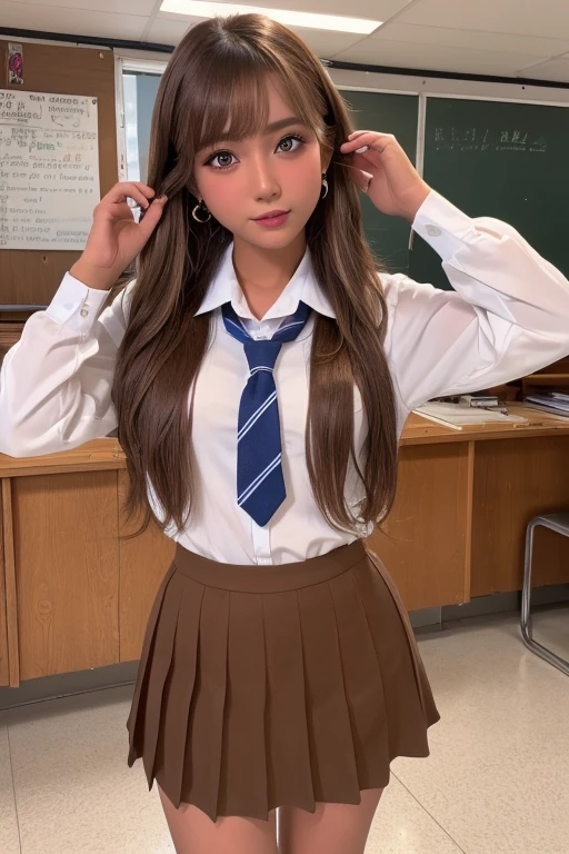 (Highest quality、4K、8k、High resolution、masterpiece:1.2)、Very detailed、(Genuine、Realistic、Realistic:1.3)、classroom、Ear piercing、Worn school uniform、Gal Makeup、Gal Fashion、((Brown Hair))、high school girl、