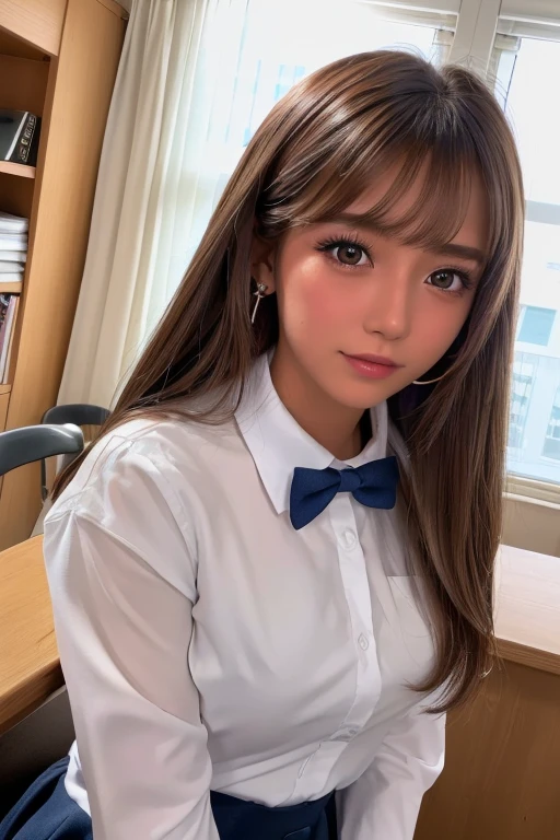 (Highest quality、4K、8k、High resolution、masterpiece:1.2)、Very detailed、(Genuine、Realistic、Realistic:1.3)、classroom、Ear piercing、Worn school uniform、Gal Makeup、Gal Fashion、((Brown Hair))、high school girl、