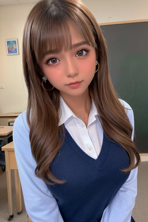 (Highest quality、4K、8k、High resolution、masterpiece:1.2)、Very detailed、(Genuine、Realistic、Realistic:1.3)、classroom、Ear piercing、Worn school uniform、Gal Makeup、Gal Fashion、((Brown Hair))、high school girl、