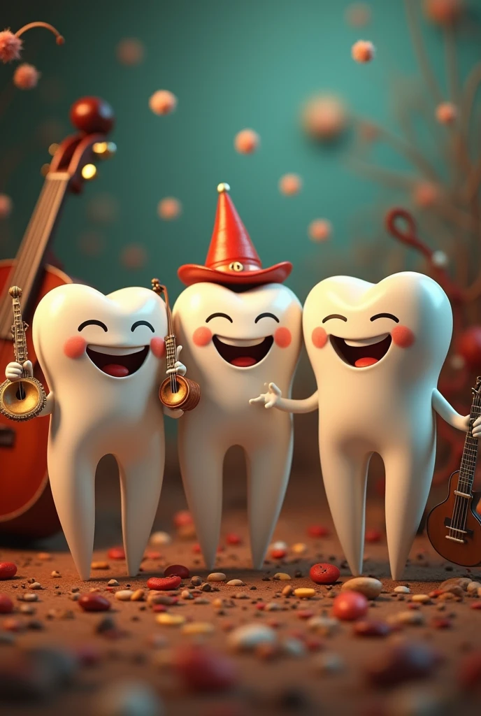 A group of three smiley tooth with musical instruments with a beautiful cinematic background 
