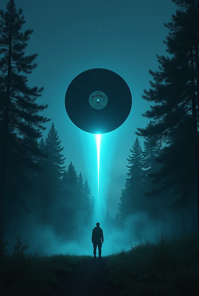 A night with pine trees and a flying vinyl record abducting