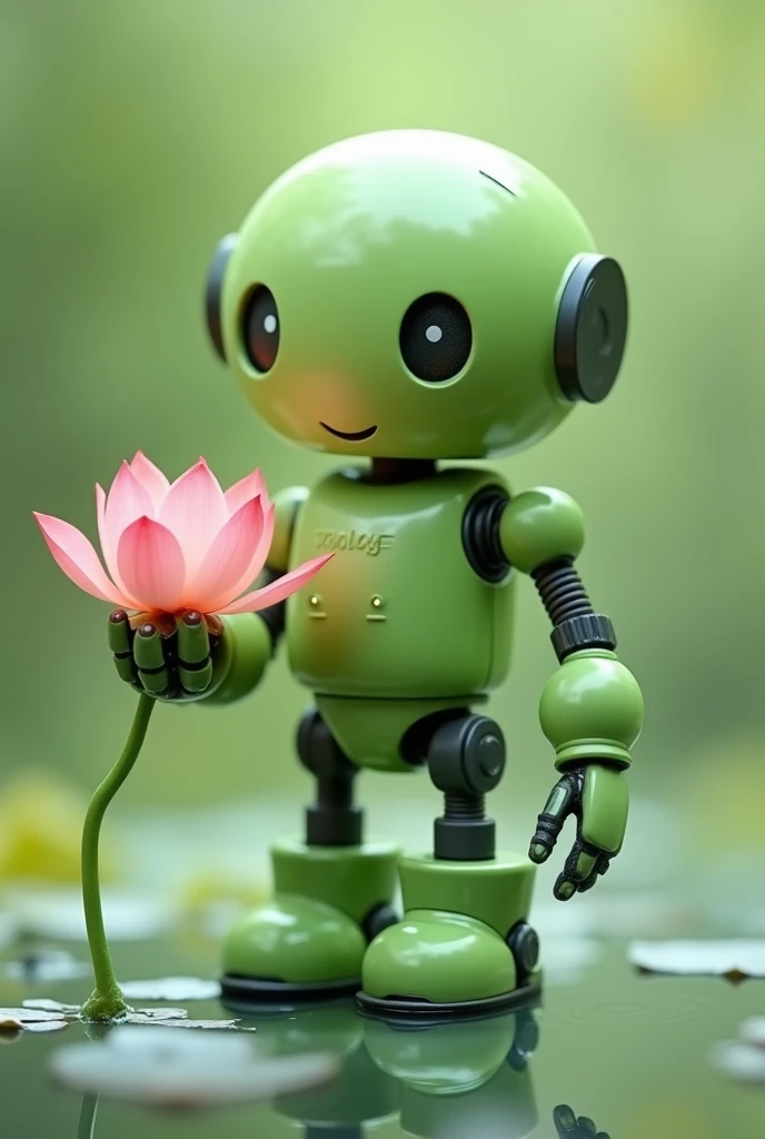 Light green chubby friendly robot with a lotus flower in the palm of its hand