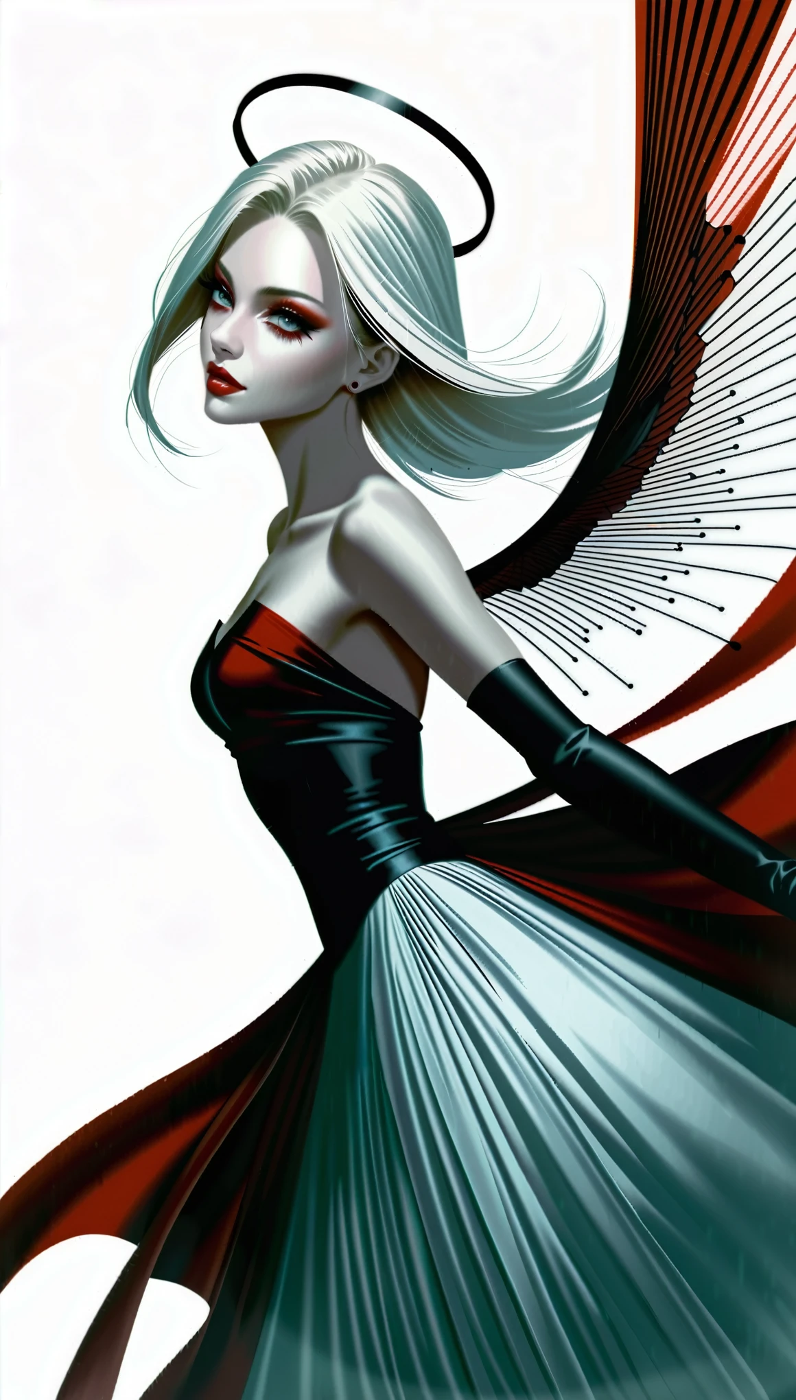 [in style of Hans Hartung],in style of Carolina Herrera-【Gorgeous clothing designer】-,in style of Charlie Bowater White Angel，The only thing that glows is the halo，Black and red radiate，