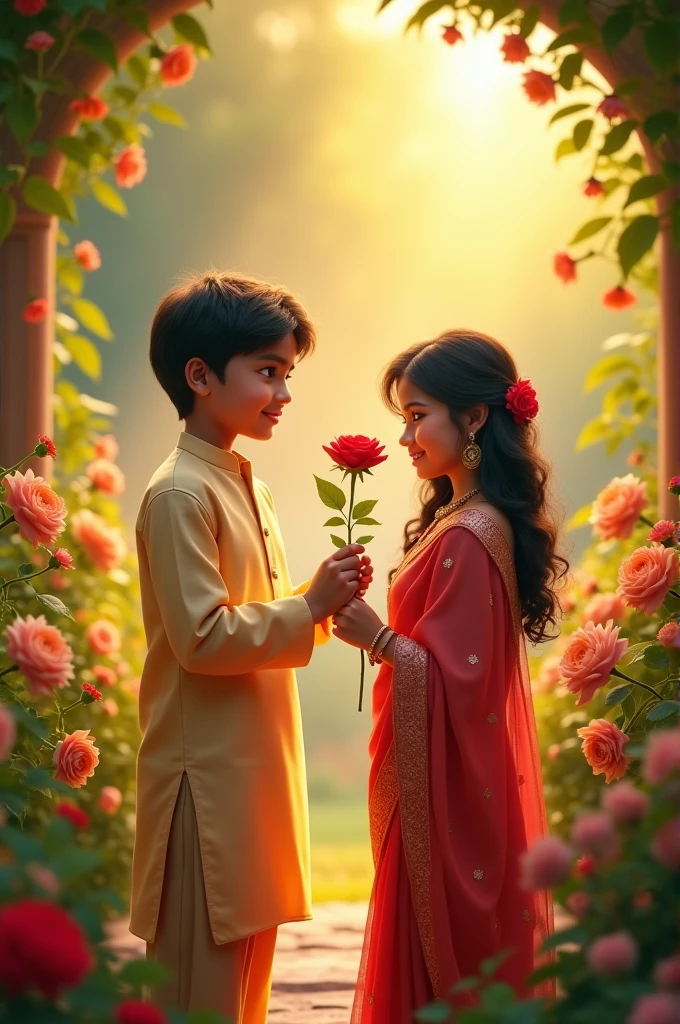 Indian boy proposing a beautiful indian girl with red rose