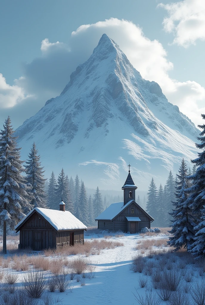 A small, serene village in the Kamchatka Peninsula of Russia, nestled in a valley with wooden houses, a small chapel on a hill, and snow-covered trees. In the background, the towering Klyuchevskaya Sopka volcano looms, its peak covered in snow under a cold, cloudy sky. The scene is peaceful but carries an ominous atmosphere."