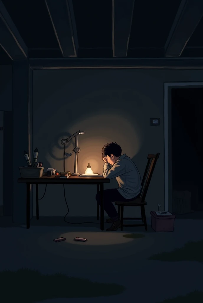 Night seen and sitting on chair in front of table lamp and studying 