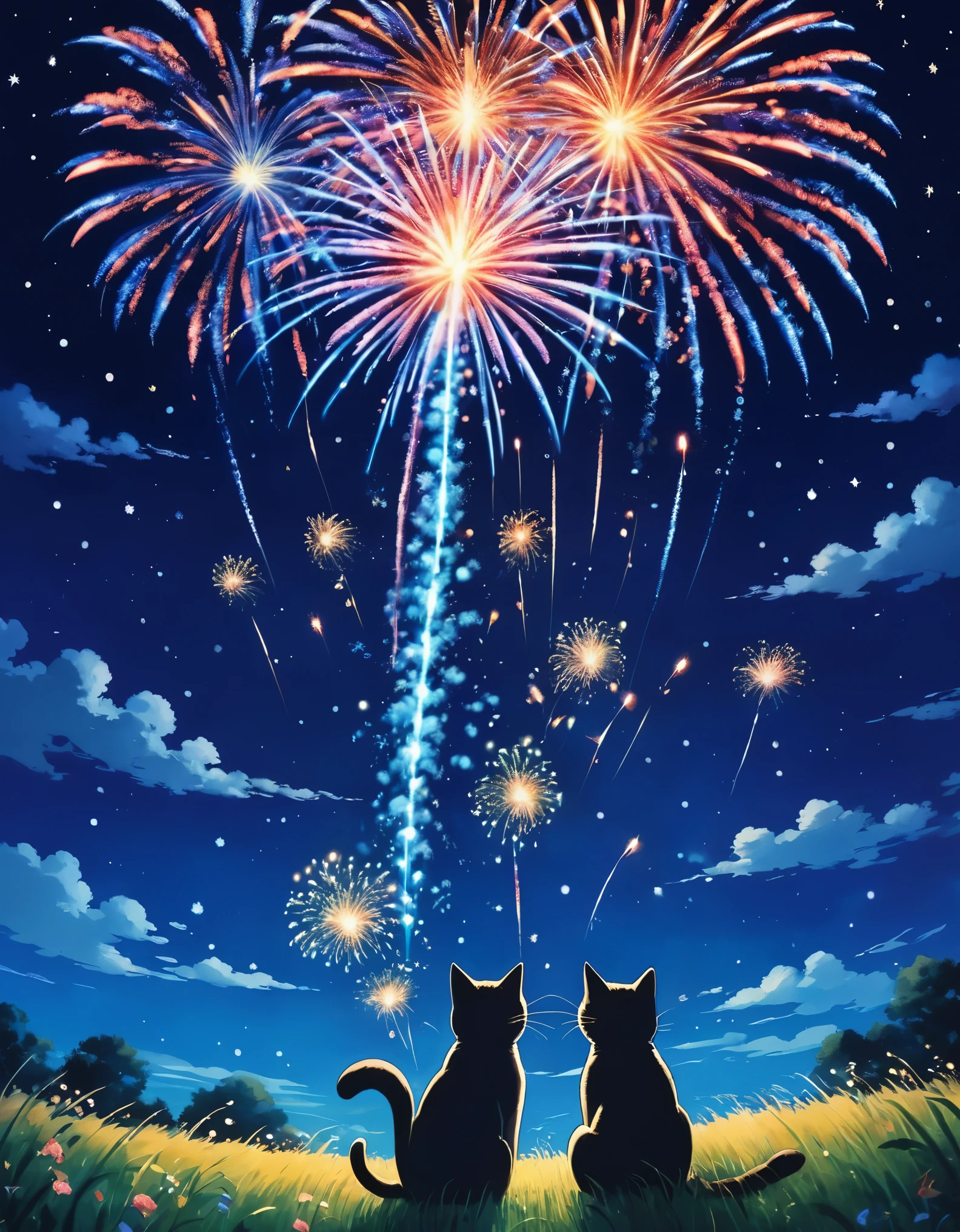 Ghibli　Floating in the sky　２Animals　Cat　firework　The night sky is deep blue、Countless twinkling stars々is sprinkled with. 色とりどりのfireworkが打ち上がる, The glowing lines create a spectacular scene in the countryside.. 