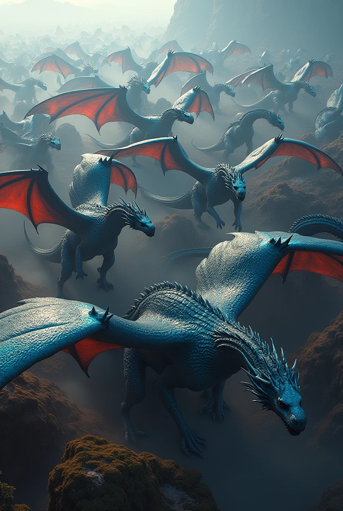 100 Dragons, blue, red, black, huge wings