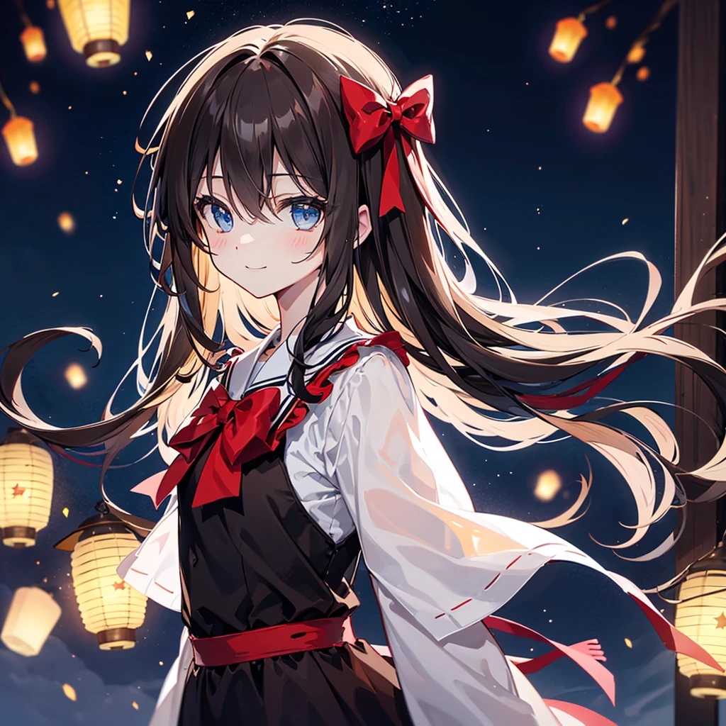 (extremely delicate and beautiful: 1.2), 1 girl, Bangs, blue eyes, Vague, Vague background, bow, brown hair, Residence, Side view, Hair between the eyes, hair bow, lantern, light particles, Long sleeve, looking at the audience, Medium long hair, night, red bow, alone, Star(symbol), Upper Body, Smile, red lips