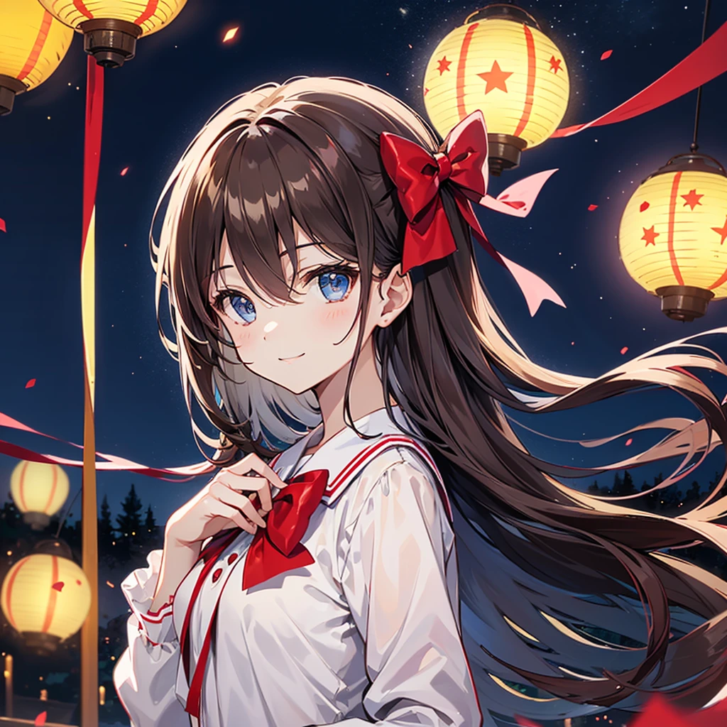 (extremely delicate and beautiful: 1.2), 1 girl, Bangs, blue eyes, Vague, Vague background, bow, brown hair, Residence, Side view, Hair between the eyes, hair bow, lantern, light particles, Long sleeve, looking at the audience, Medium long hair, night, red bow, alone, Star(symbol), Upper Body, Smile, red lips