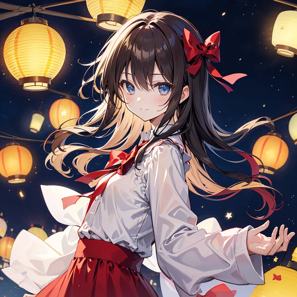 (extremely delicate and beautiful: 1.2), 1 girl, Bangs, blue eyes, Vague, Vague background, bow, brown hair, Residence, Side view, Hair between the eyes, hair bow, lantern, light particles, Long sleeve, looking at the audience, Medium long hair, night, red bow, alone, Star(symbol), Upper Body, Smile, red lips