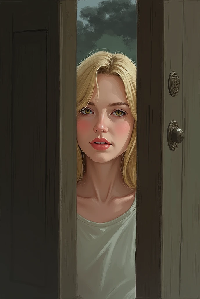 2D drawing of a blonde woman's face peeking through the door