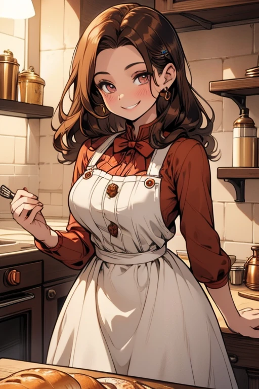 Perfect face. Perfect hands. A brown haired woman with copper eyes and an hourglass figure in a Lolita dress is making bread in a fancy kitchen with a big smile