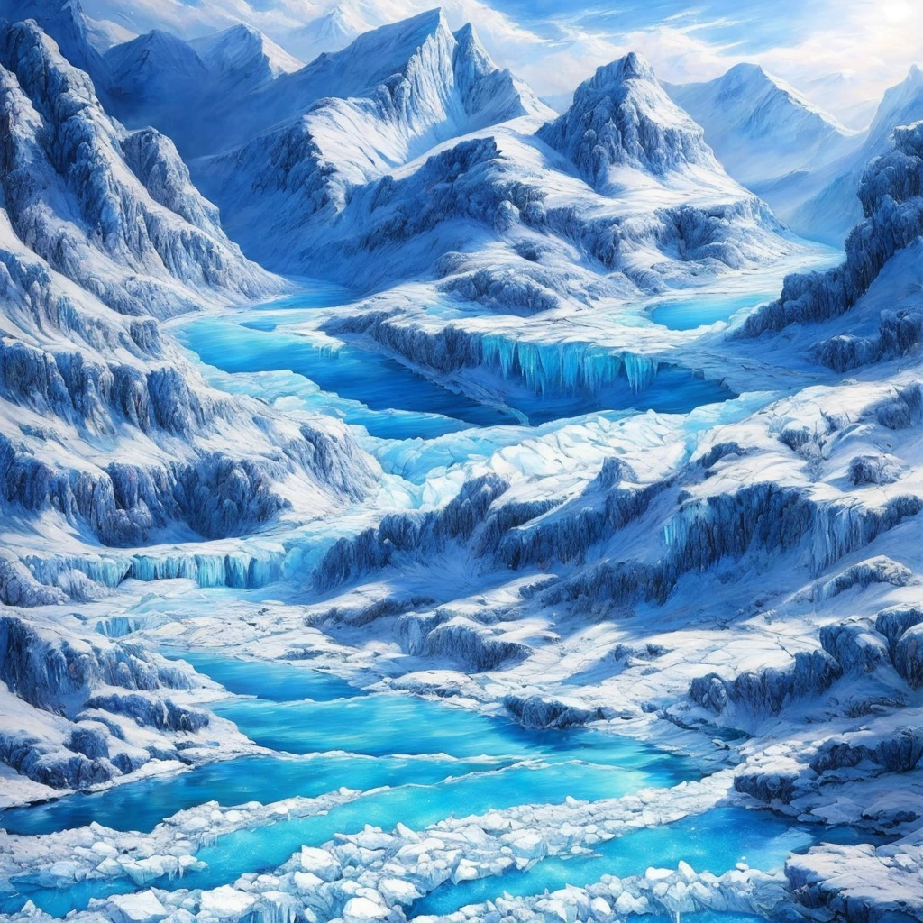 (masterpiece, Highest quality, Realistic, beautifully、aesthetic:1.3), ice, unmanned, 凍った小river, ice mountain, river, 