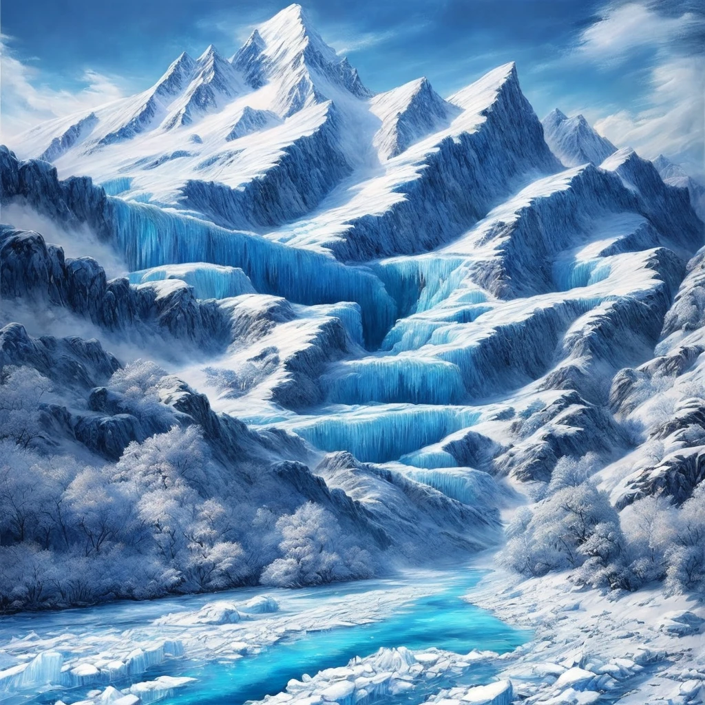 (masterpiece, Highest quality, Realistic, beautifully、aesthetic:1.3), ice, unmanned, 凍った小river, ice mountain, river, 