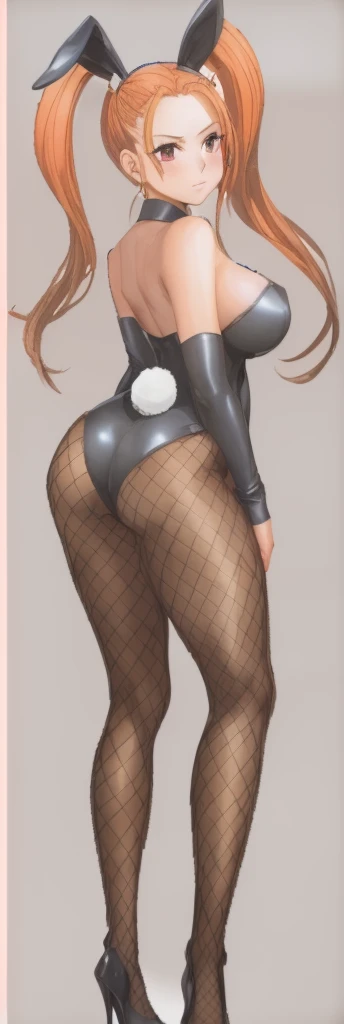 Jessica, with her large breasts, beautiful legs, and twintails, is standing in a black high-cut bunny suit and fishnet stockings.。Angle from behind。
