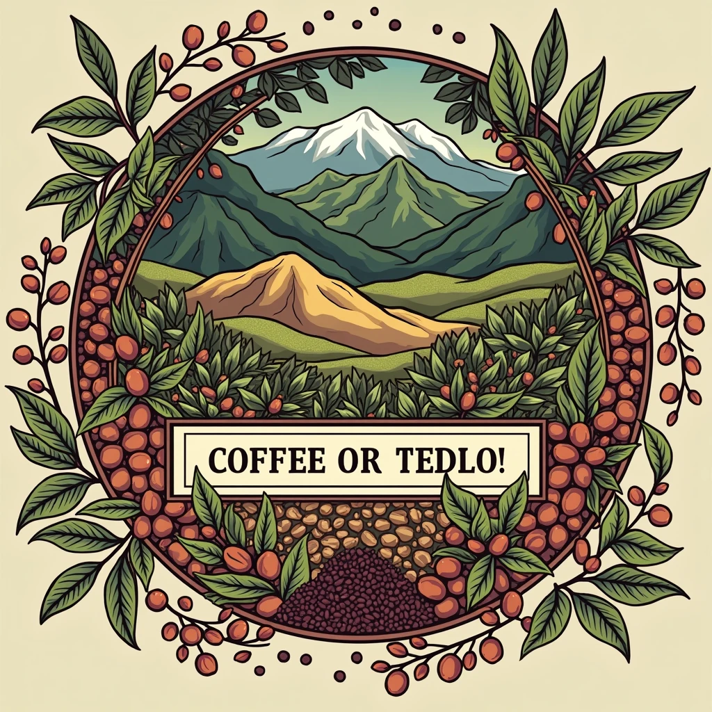 Create a logo that features green mountains with coffee plants, and below, ripe coffee beans, roasted coffee beans, and ground coffee.