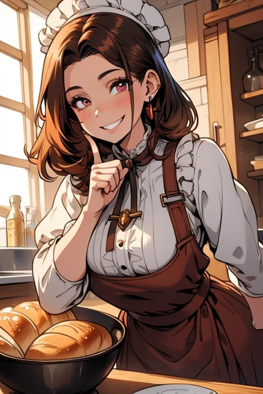 Perfect face. Perfect hands. A brown haired woman with copper eyes and an hourglass figure in a ta dress is making bread in a fancy kitchen with a big smile
