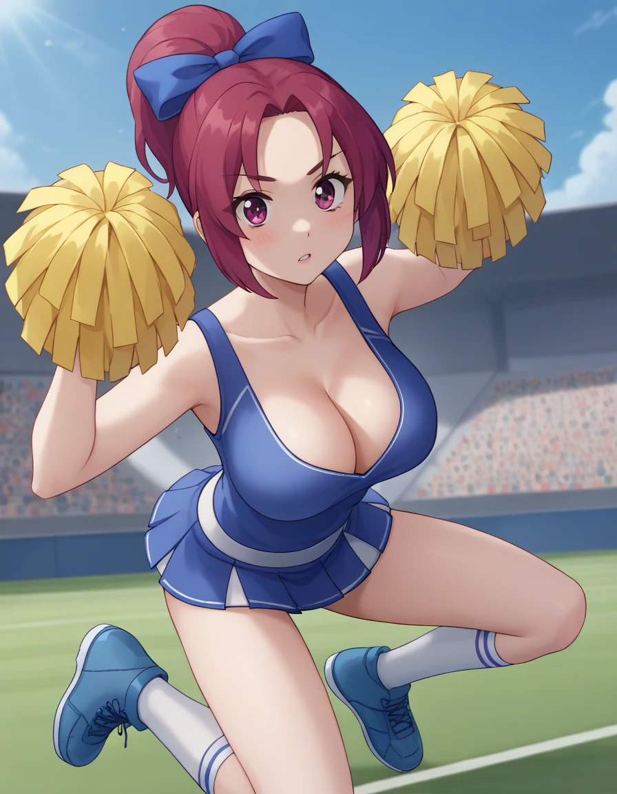 regina, A bodysuit worn under clothing, Fingerless gloves, leotard, Removable sleeves, (Age 25, Hiding her large breasts, Cleavage, skinny, thin, young woman:1.5), (Oval Face, Light Skin, Bright almond-shaped eyes, Arched, well-defined eyebrows, Upturned nose, Arcuate lips:1.2), College Football Field, Golden sunlight at dusk, ((Eye-catching cheerleader uniforms)), Bright magenta blue team color, Dynamic pose during jump, Flowing magenta pom poms, Stylish blue athletic shoes, crisp, Custom made uniforms, Exquisite embroidery, Fusion of modern cheerleading fashion models, Energetic, Enthusiastic crowd background, Clear blue sky, Tips for team spirit in the details, A look that conveys excitement and confidence, Fine texture of uniform fabric, The subtle brilliance of small things, Elegant team pin on chest, High hair, A cheerful ponytail with magenta and blue ribbons, Bold and sophisticated makeup, Accentuate the eyes, Action shots capturing the essence of team spirit and modern cheerleading fashion (Dynamic photoshoot sexy feminine poses, Adorable cute face, Very beautiful, Rainbow Eyes,Hourglass Shape:1.4),(December:1.2),(perfect bedroom lighting:1.2),Simple Positive XLv2,