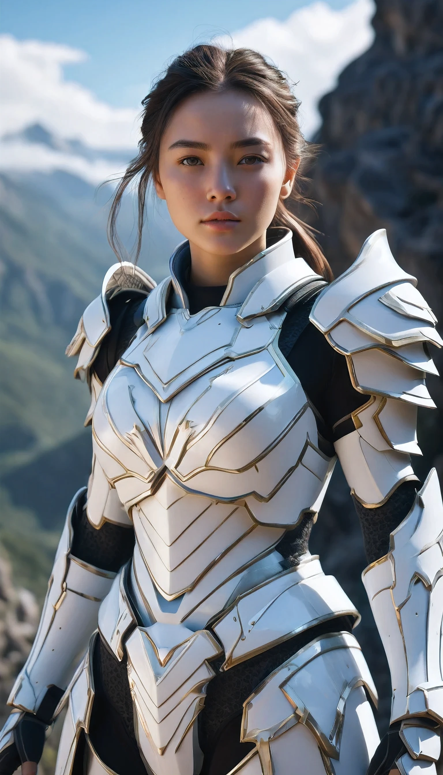 mountain, hxarmour,1girl,(white armour:1.3),, ultra-detailed,extremely delicate and beautiful,(by exquisite colors block),masterpiece,best quality,unreal engine 5 rendering,movie light,movie lens,movie special effects,detailed details,HDR,UHD,8K,CG wallpaper,