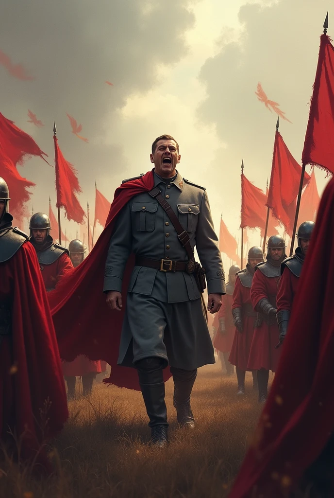 A grey colour dressed only one men with mustache shouting in red clour soldiers kings war